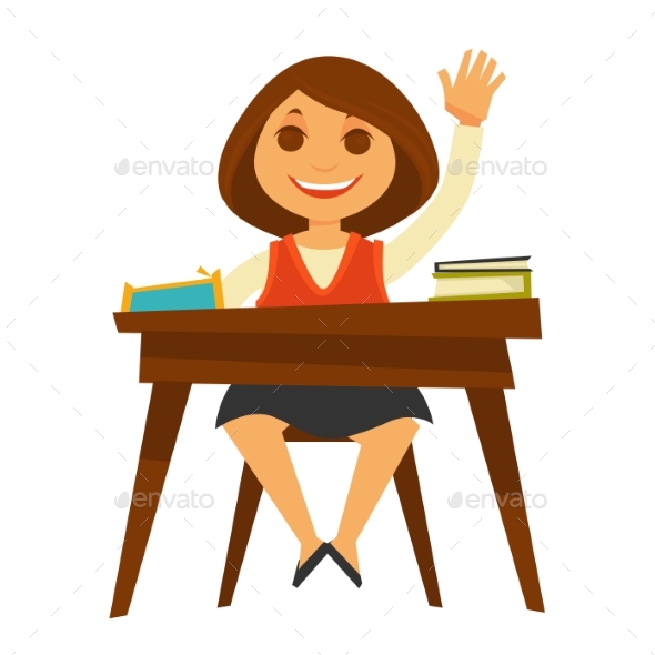 Girl Sits at Desk with Textbooks - Miscellaneous Vectors
