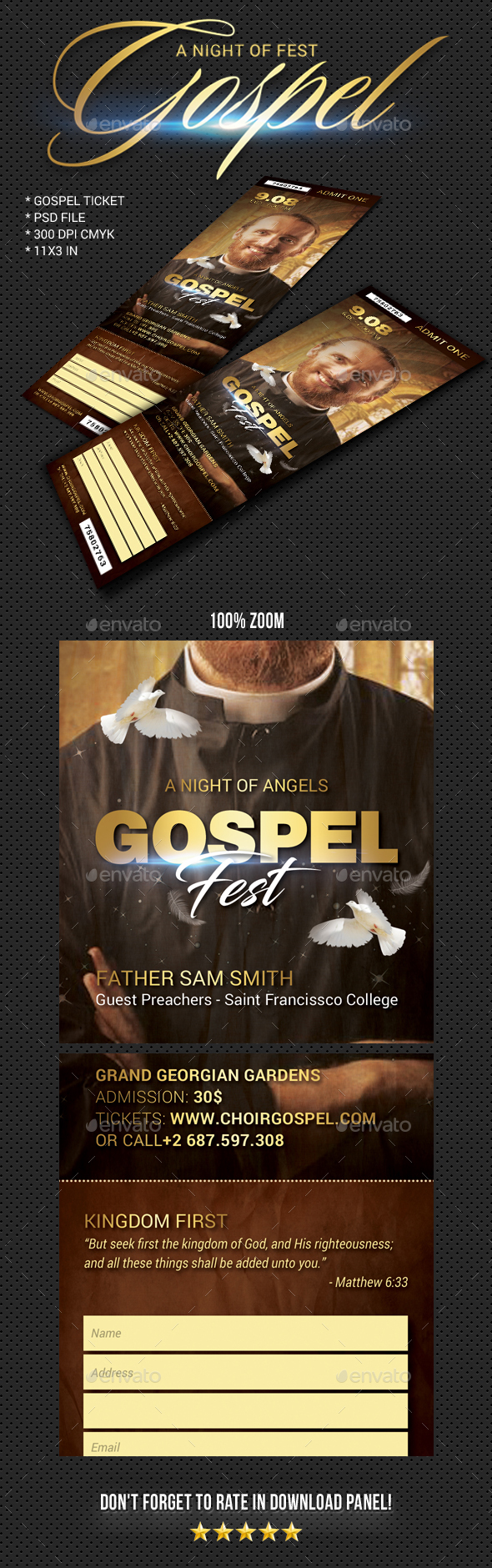 Gospel Fest Event Ticket V2 - Cards & Invites Print Templates