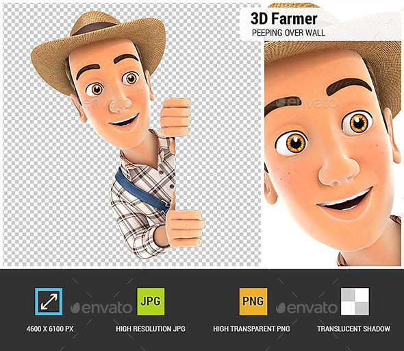 3D Farmer Peeping Over Blank Wall - Characters 3D Renders
