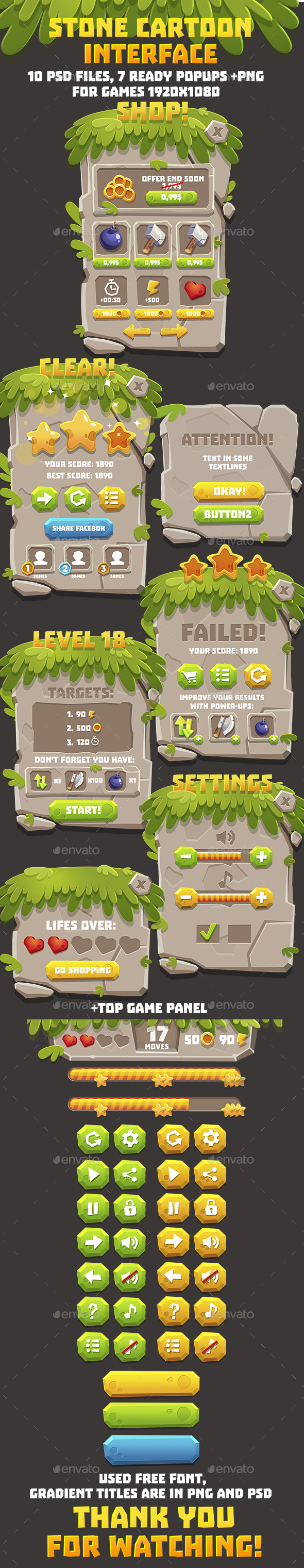 Stone Cartoon Style GUI Pack - User Interfaces Game Assets