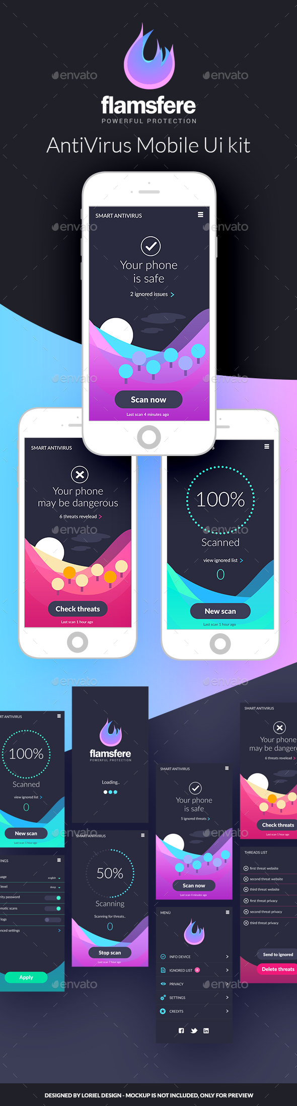 Flamsfere - Mobile Antivirus App Ui kit - User Interfaces Web Elements