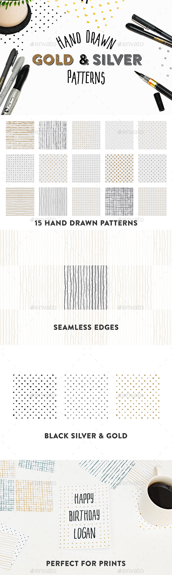 15 Hand Drawn Gold & Silver Patterns - Patterns Backgrounds