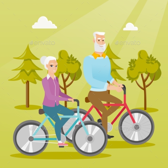 Happy Senior Couple Riding on Bicycles in Park. - People Characters