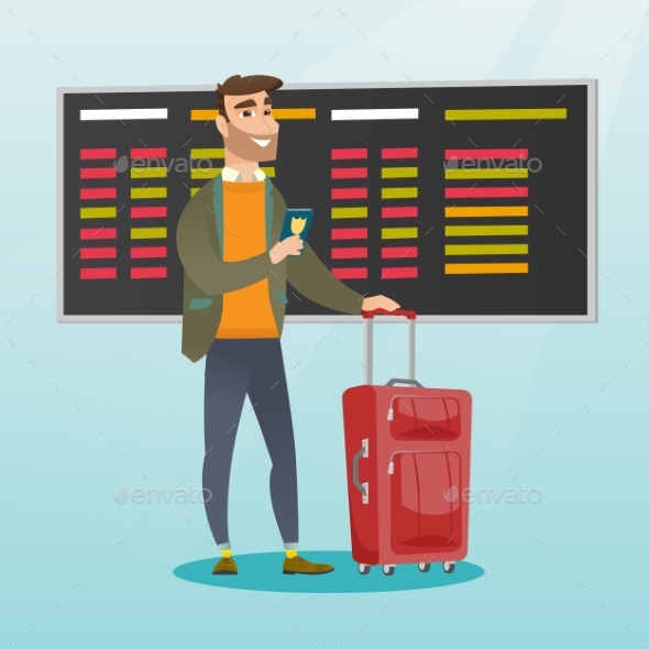 Caucasian Airplane Passenger Holding Passport. - People Characters