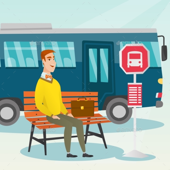 Caucasian Man Waiting for a Bus at the Bus Stop. - People Characters