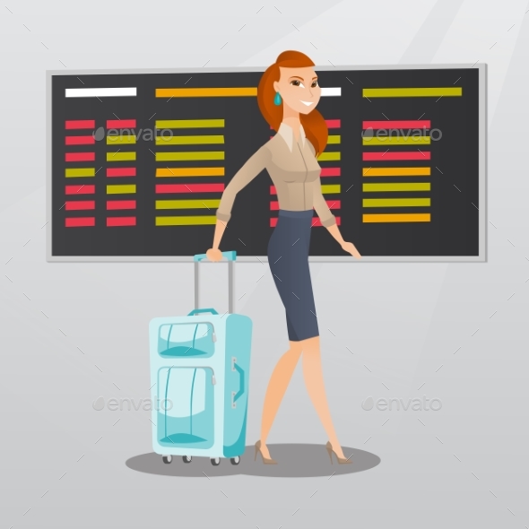 Caucasian Woman Walking with Suitcase at Airport. - People Characters