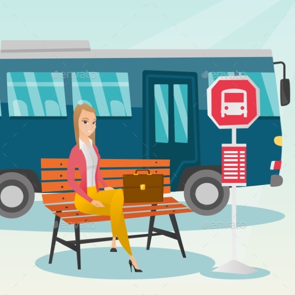 Caucasian Woman Waiting for a Bus at the Bus Stop. - People Characters