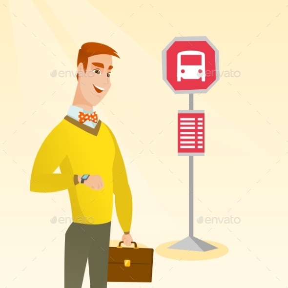 Caucasian Man Waiting for a Bus at the Bus Stop. - People Characters