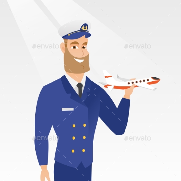 Cheerful Airline Pilot with the Model of Airplane. - People Characters
