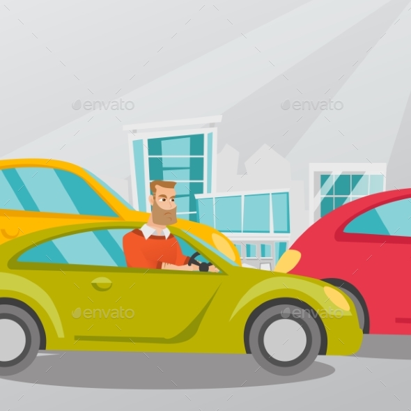 Angry Caucasian Man in Car Stuck in Traffic Jam. - People Characters