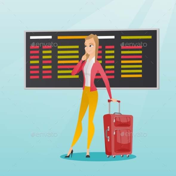 Woman Looking at Departure Board at the Airport. - People Characters