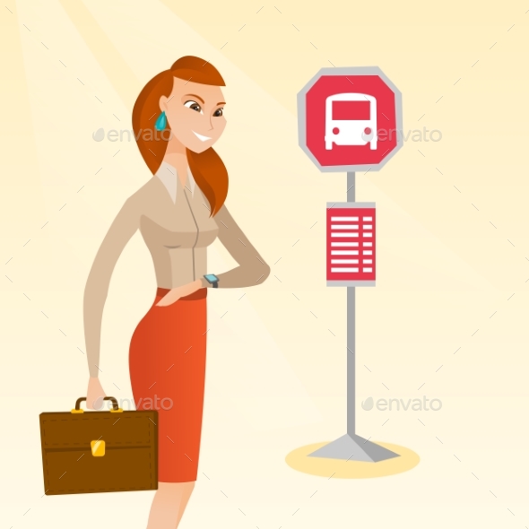 Caucasian Woman Waiting for a Bus at the Bus Stop. - People Characters