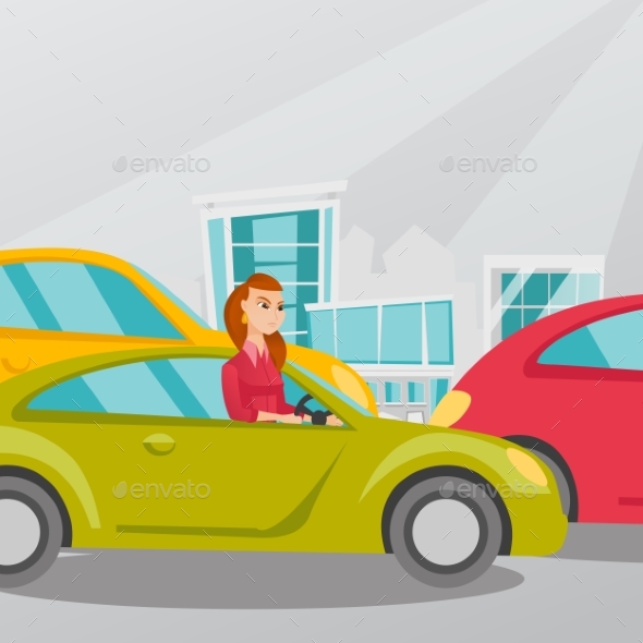 Angry Caucasian Woman in Car Stuck in Traffic Jam. - People Characters