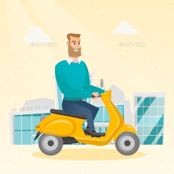 Young Caucasian Man Riding a Scooter. - People Characters