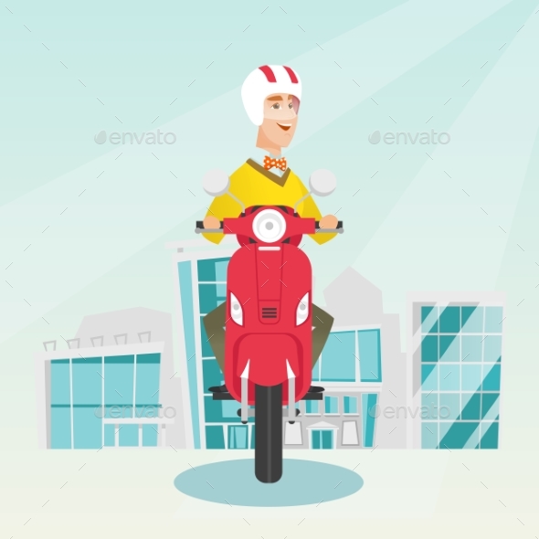 Young Caucasian Man Riding a Scooter. - People Characters