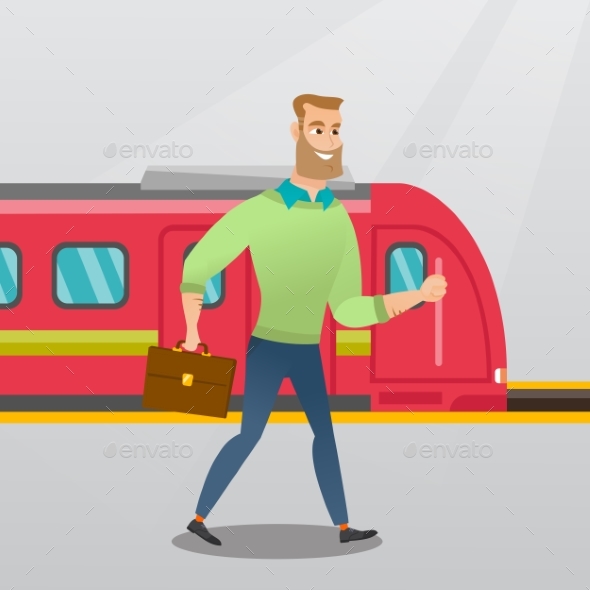 Young Man Walking on a Railway Station Platform. - People Characters