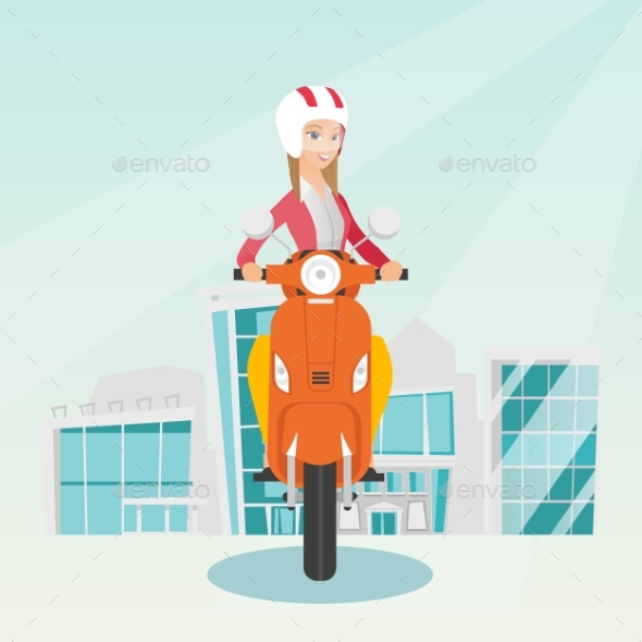 Young Caucasian Woman Riding a Scooter. - People Characters
