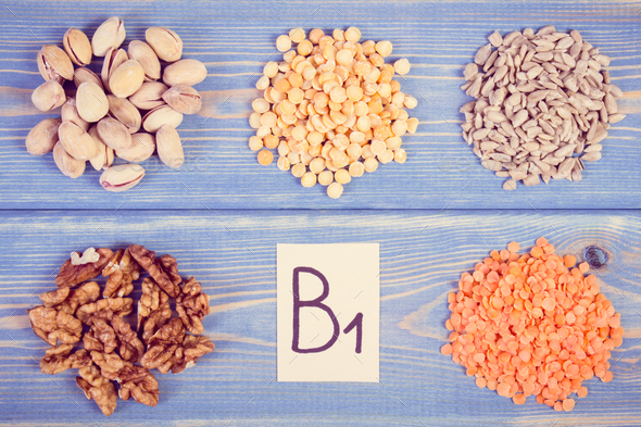 Vintage photo, Ingredients containing vitamin B1 and dietary fiber - Stock Photo - Images