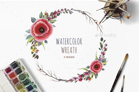 GraphicRiver Watercolor Wreath with Flowers Foliage and Branch 20478549