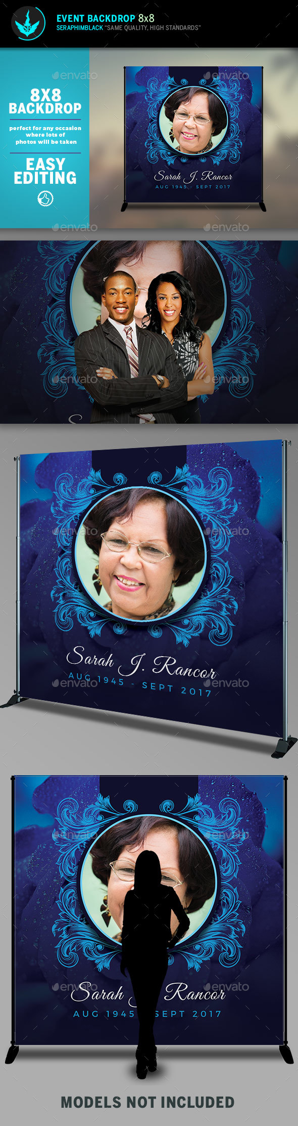 Blue Rose 8x8 Funeral Backdrop Template - Signage Print Templates