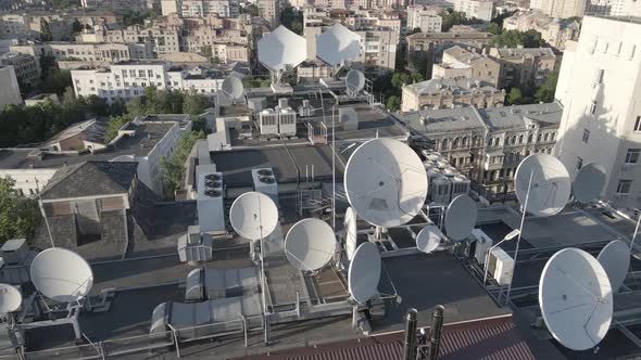 Kyiv, Ukraine: TV Antennas on the Roof of the Building. Aerial. Flat, Gray alt
