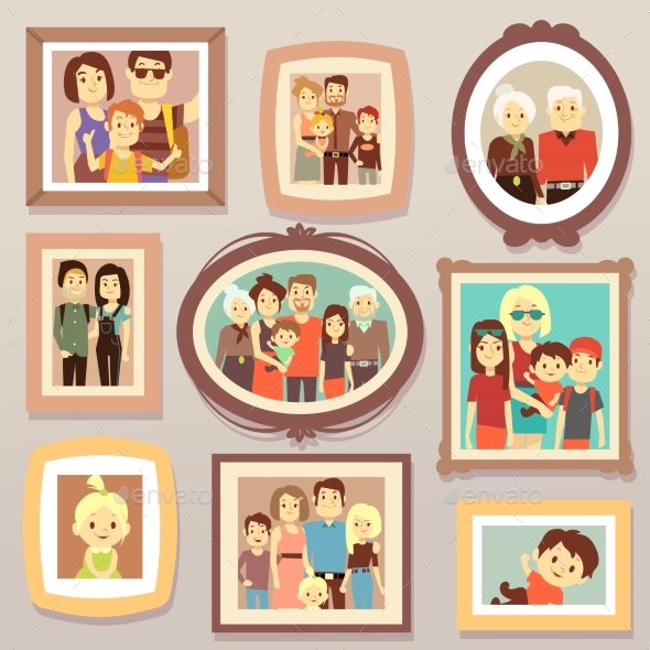 Big Family Smiling Photo Portraits in Frames - Objects Vectors
