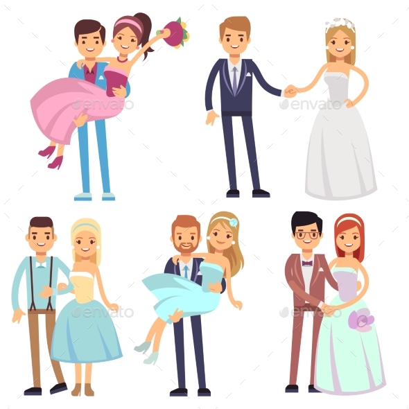 Happy Smiling Wedding Couples Isolated Vector Set - People Characters