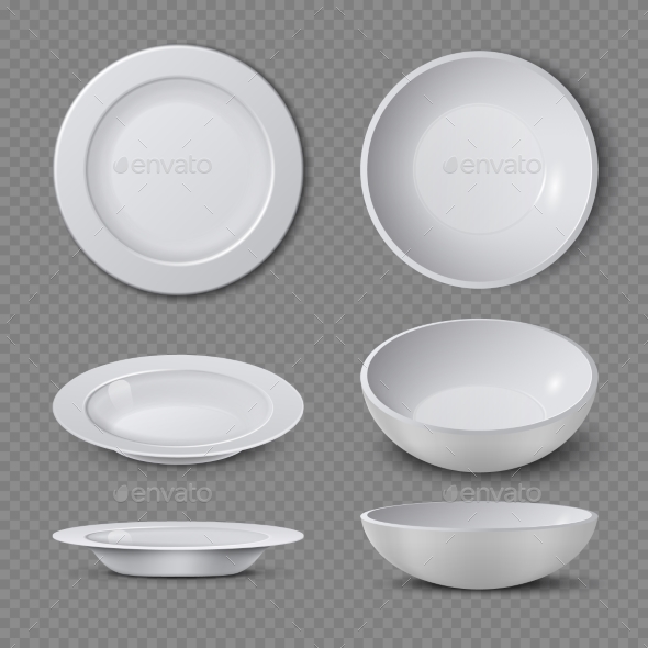 White Empty Ceramic Plate in Different Points - Objects Vectors