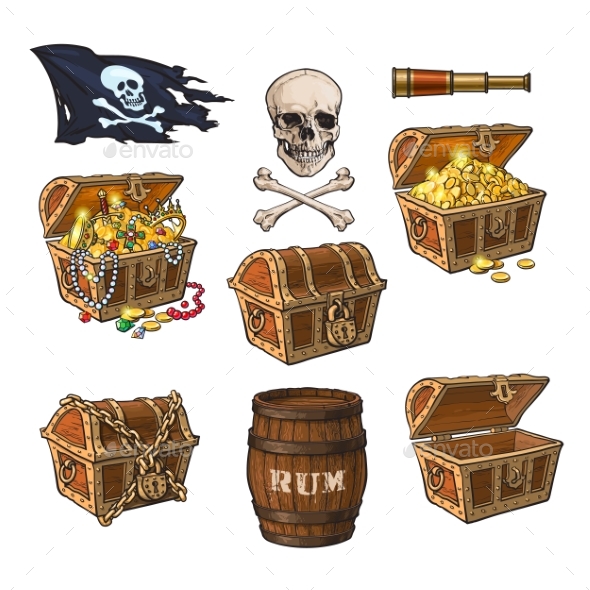 Pirate Objects, Treasure Chests, Flag, Rum Barrel