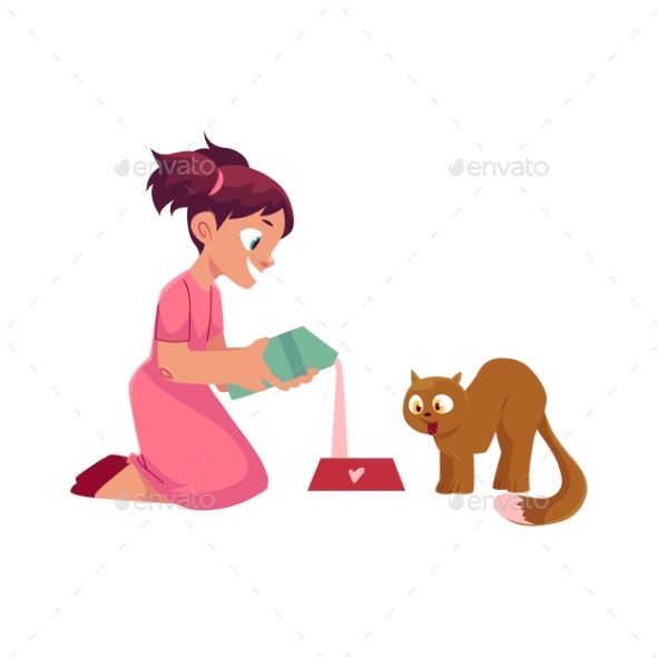 Little Girl Pouring Milk for Her Cat, Feeding Pet