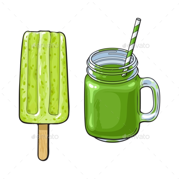 Matcha Green Tea Desserts - Smoothie and Popsicle - Food Objects