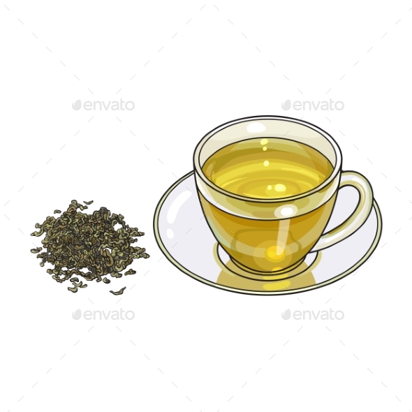 Glass Cup, Saucer and Fresh Green Tea Leaf - Food Objects