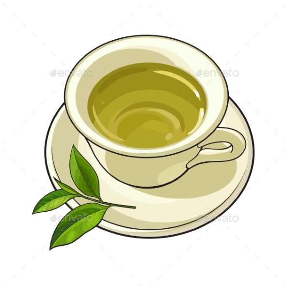 China, Porcelain Cup, Saucer, Fresh Green Tea Leaf - Food Objects
