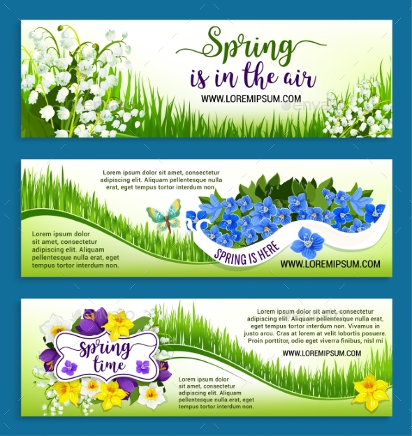 Hello Spring Flowers Wreath Vector Banners Set - Flowers & Plants Nature