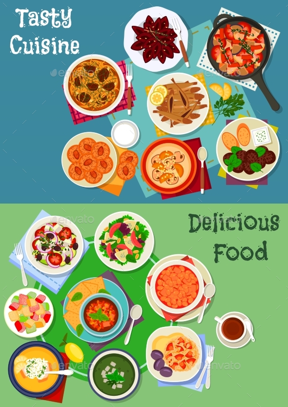 Greek and Russian Cuisine Icon Set for Menu Design - Food Objects