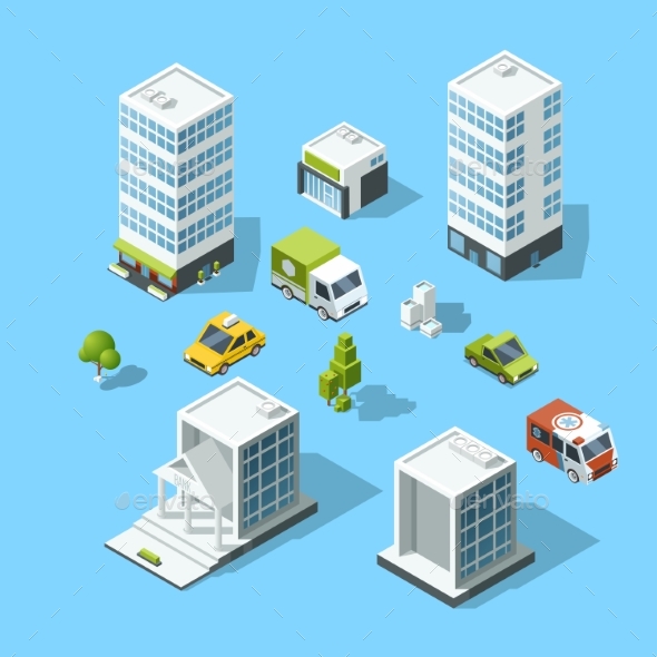 Set of Isometric Cartoon-style Buildings, Trees - Objects Vectors