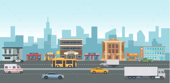 Urban Landscape with Modern Buildings and Market - Buildings Objects