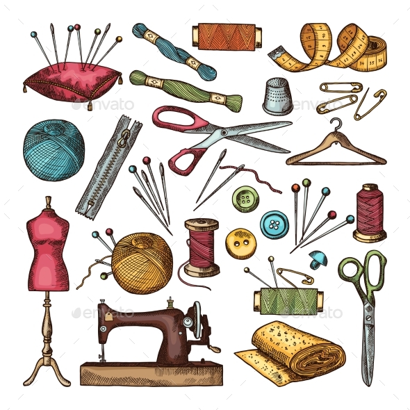 Colored Pictures of Different Tools for Needlework - Objects Vectors
