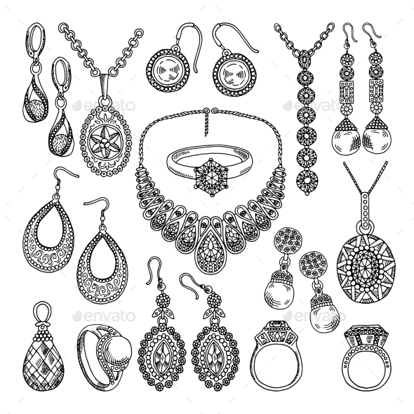 Golden and Silver Jewelry. Different Diamonds - Objects Vectors