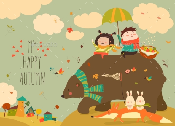 GraphicRiver Happy Kids with Bear and Fox in Autumn Forest 20483968