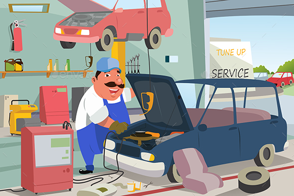 Auto Mechanic Fixing a Car in the Garage