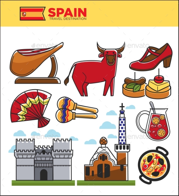 Spain Travel Famous Landmark Symbols and Spanish - Animals Characters