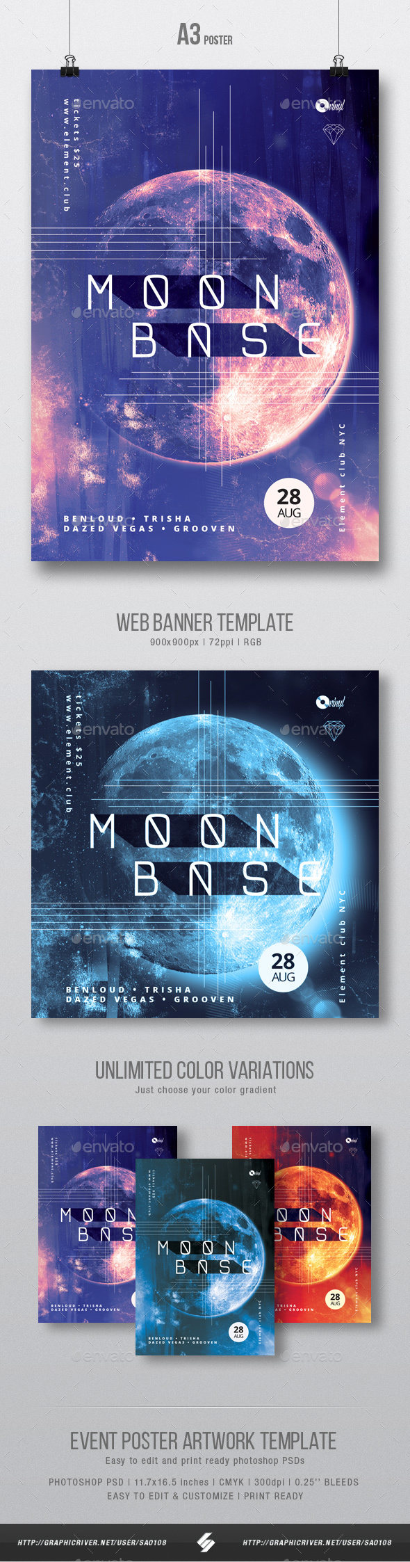 Moon Base - Progressive Party Flyer / Poster Artwork Template A3 - Clubs & Parties Events