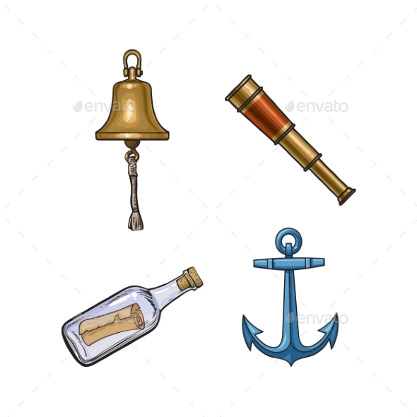 Ship Bell, Anchor, Telescope, Message in Bottle - Miscellaneous Vectors
