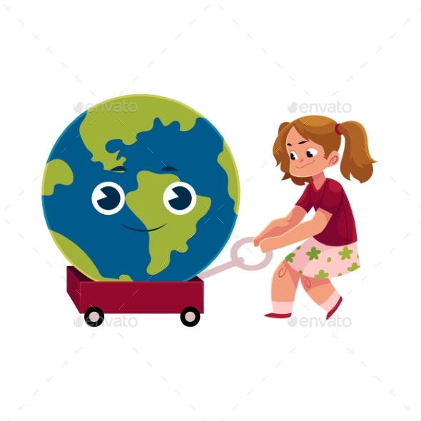 Girl Pulling Cart with Globe, Earth Character - People Characters