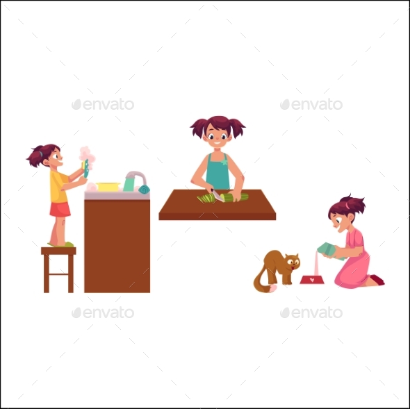Girl Washing Dishes, Cooking, Feeding Her Cat - People Characters