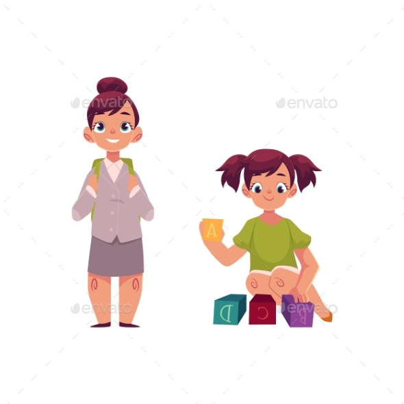 Little Girl Going To School, Playing with Blocks - People Characters