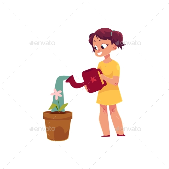 Little Girl Watering Houseplant, Pot Flower - People Characters