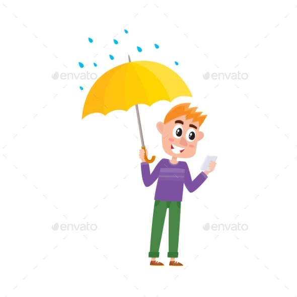 Vector Boy Keeping Umbrella in Hand Under Rain - People Characters
