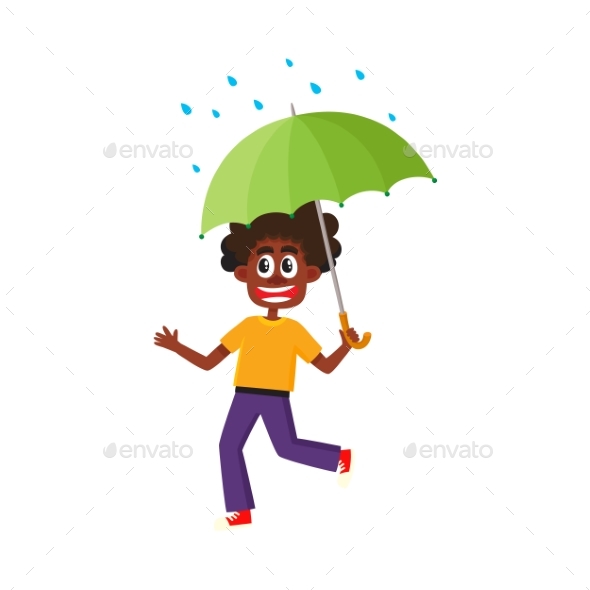 Vector Boy Keeping Umbrella in Hand Under Rain - People Characters